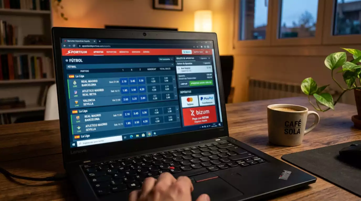 Pantalla de apuestas deportivas con cuotas de fútbol y opción de depósito mediante Bizum