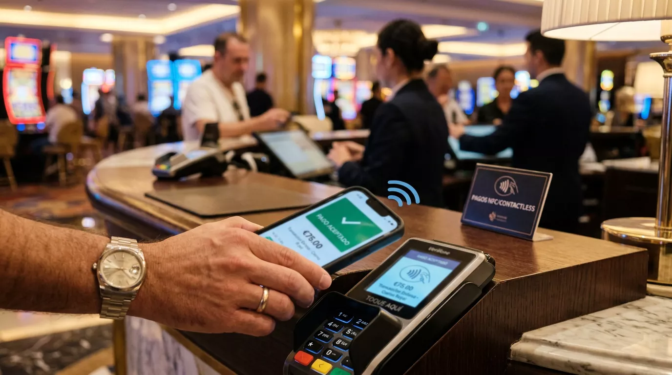 Móvil con tecnología NFC realizando un pago Bizum sobre un datáfono junto al icono de un casino online