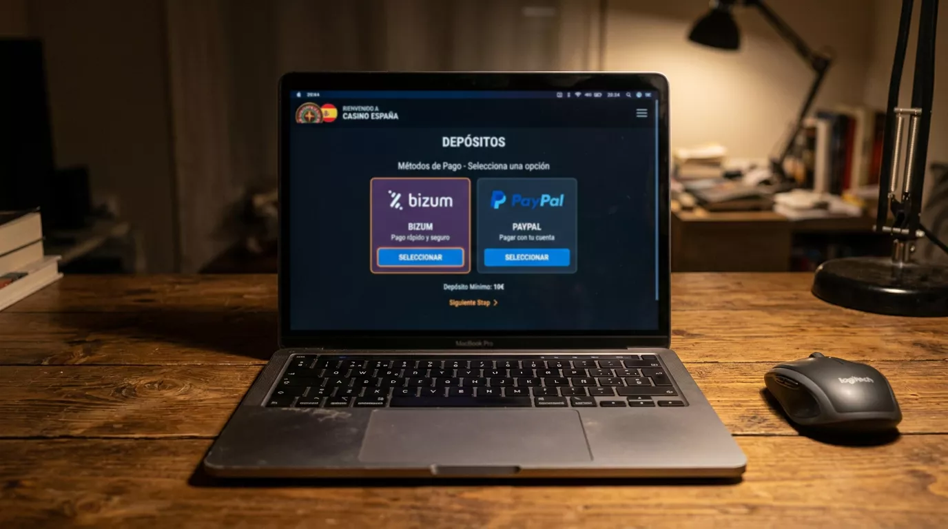 Comparativa visual entre los logotipos de Bizum y PayPal sobre un fondo de cajero de casino online