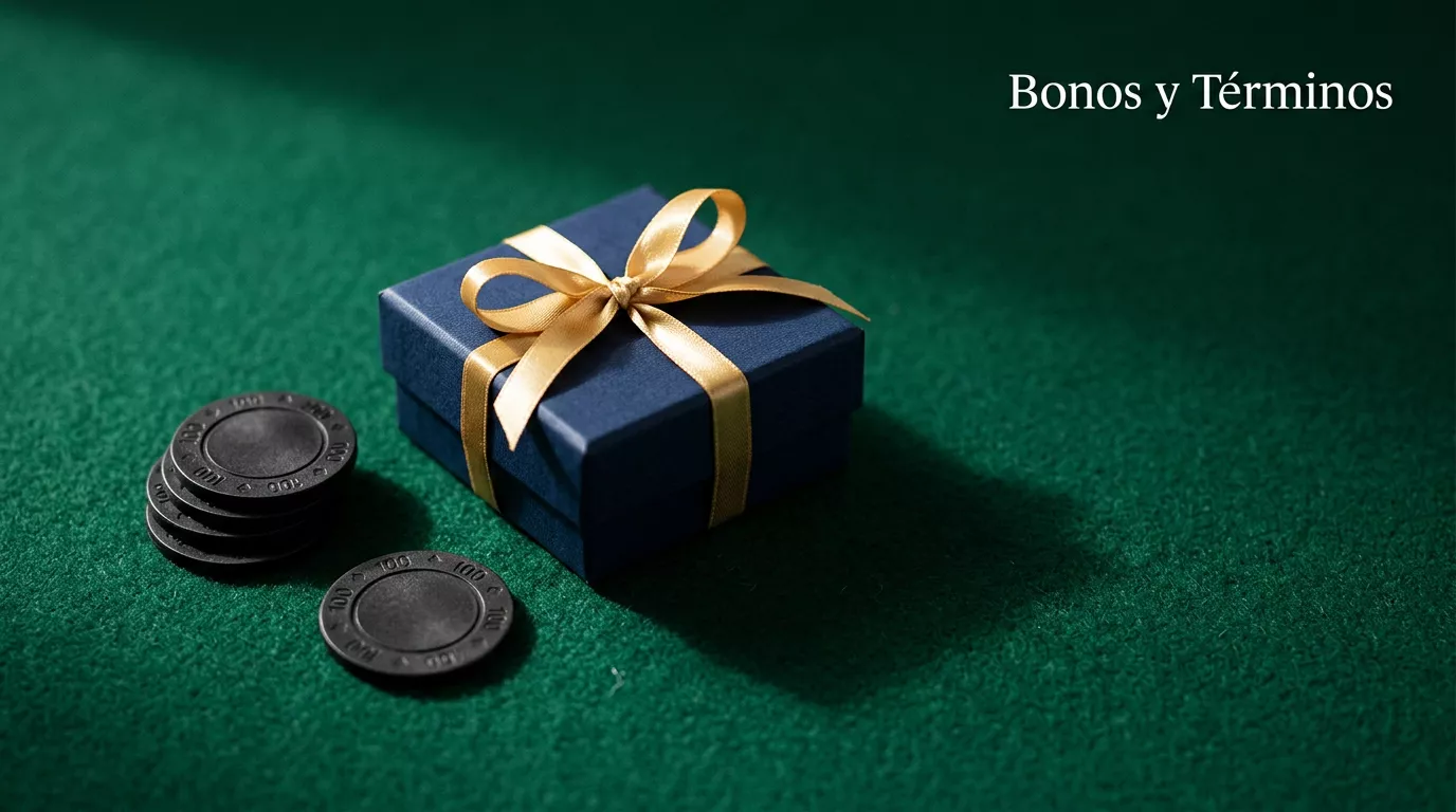 Caja de regalo oscura con lazo dorado junto a un pequeño grupo de fichas de casino mate sobre fieltro verde profundo, iluminación lateral cinematográfica
