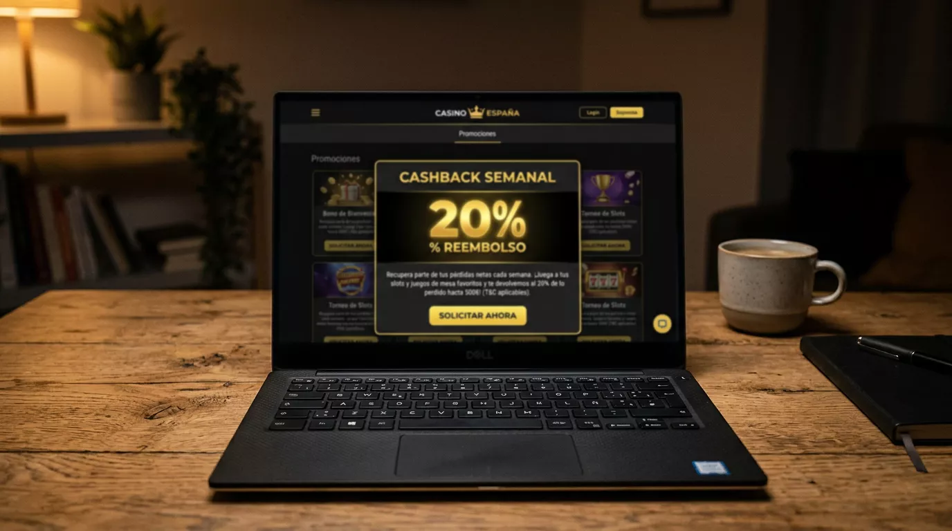 Pantalla de cajero de casino mostrando un cashback acreditado tras un periodo de pérdidas, junto a un depósito Bizum