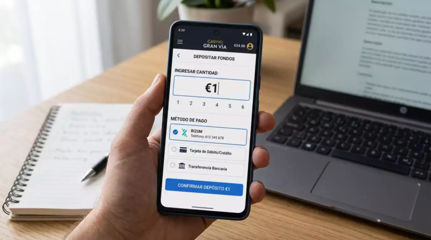 Pantalla de cajero de casino mostrando un depósito de 1 € con Bizum como método de pago