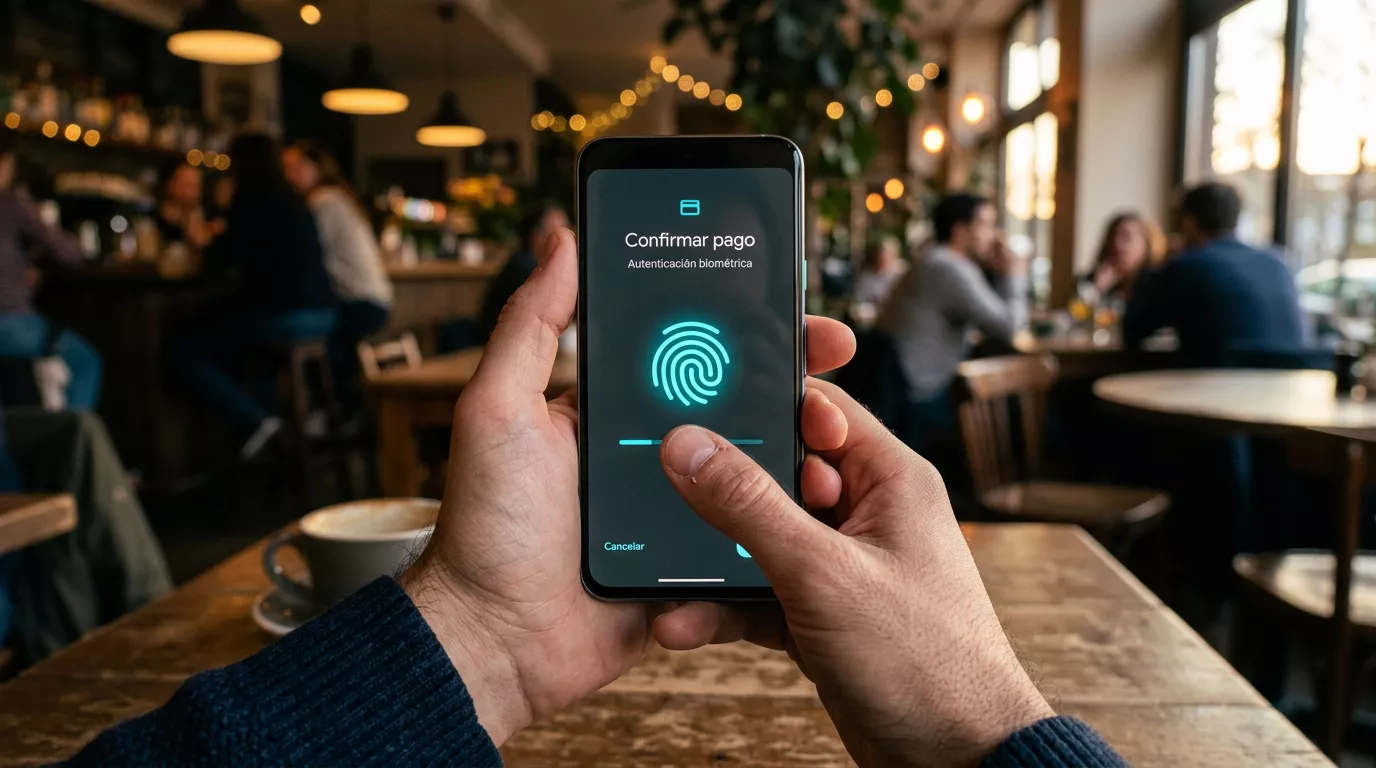 Persona confirma un depósito Bizum desde su smartphone con autenticación biométrica en la app del banco español