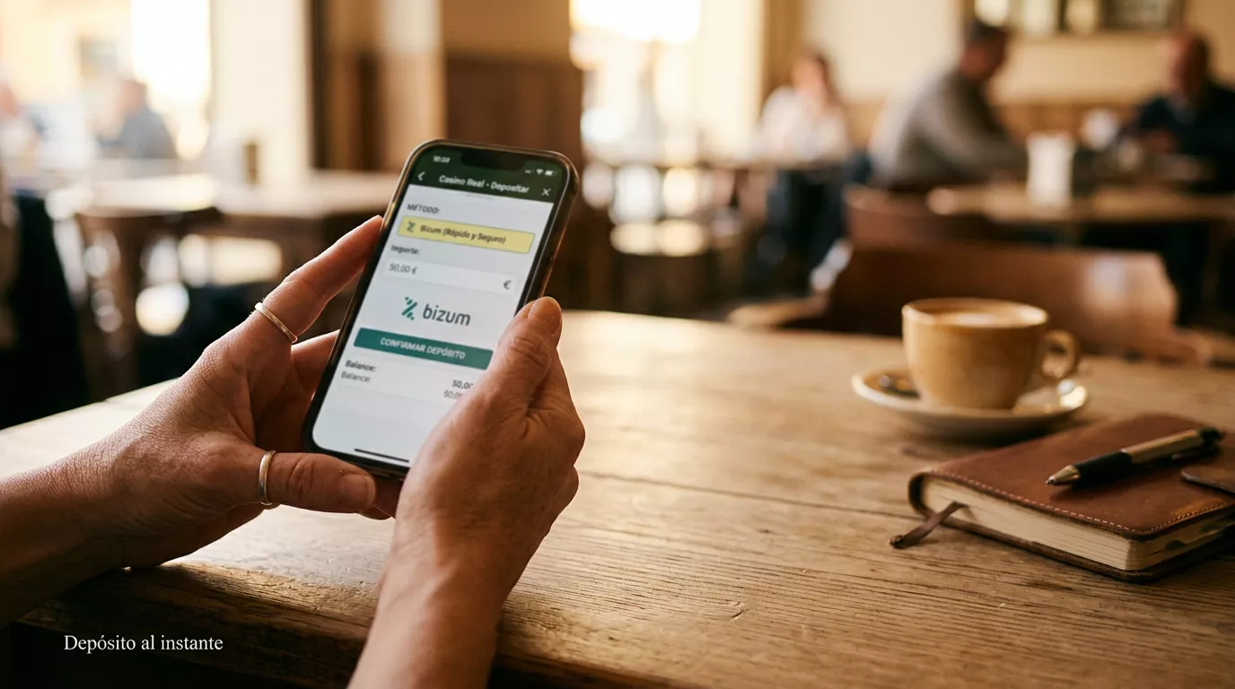 Manos de una persona sosteniendo un smartphone moderno sobre una mesa de madera de un café español con luz cálida de atardecer