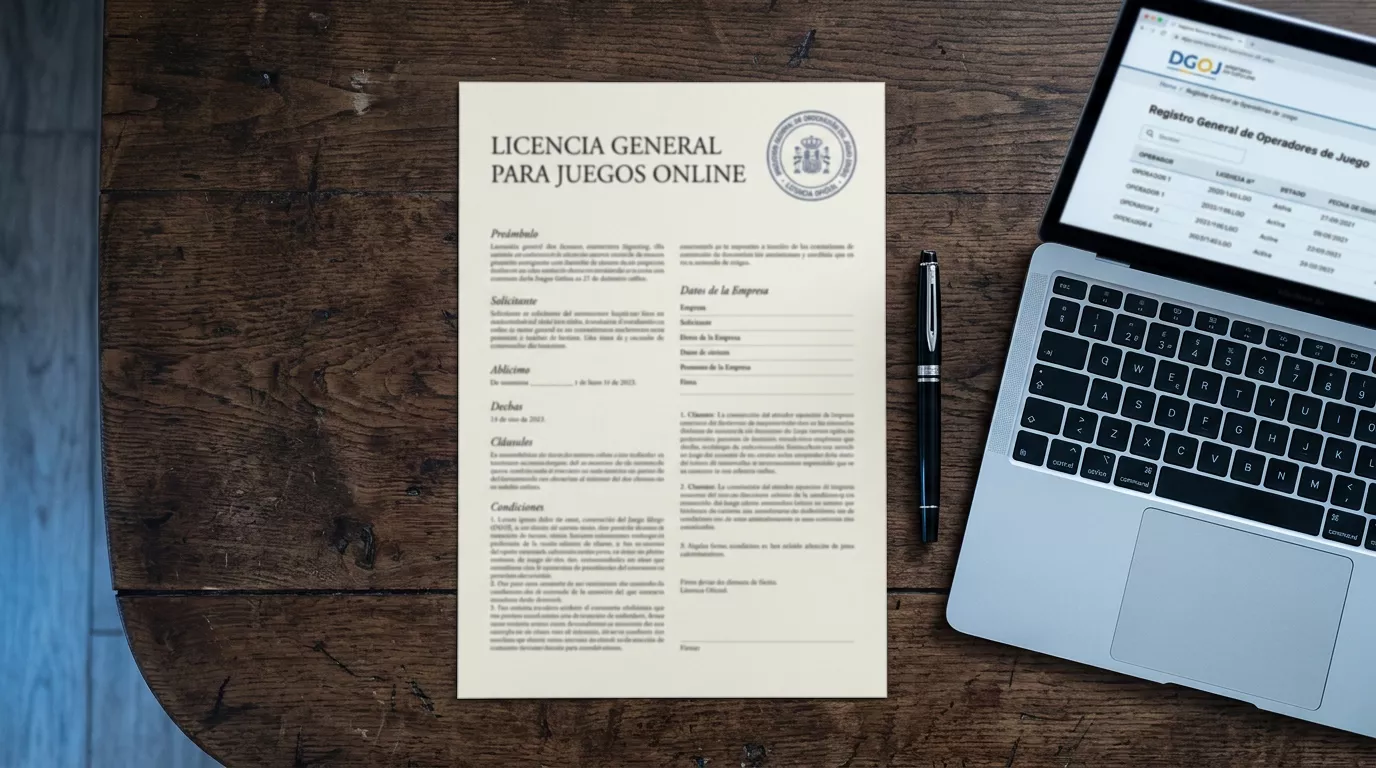 Documento oficial de licencia DGOJ junto a un portátil con el registro publico de operadores de casino online en España