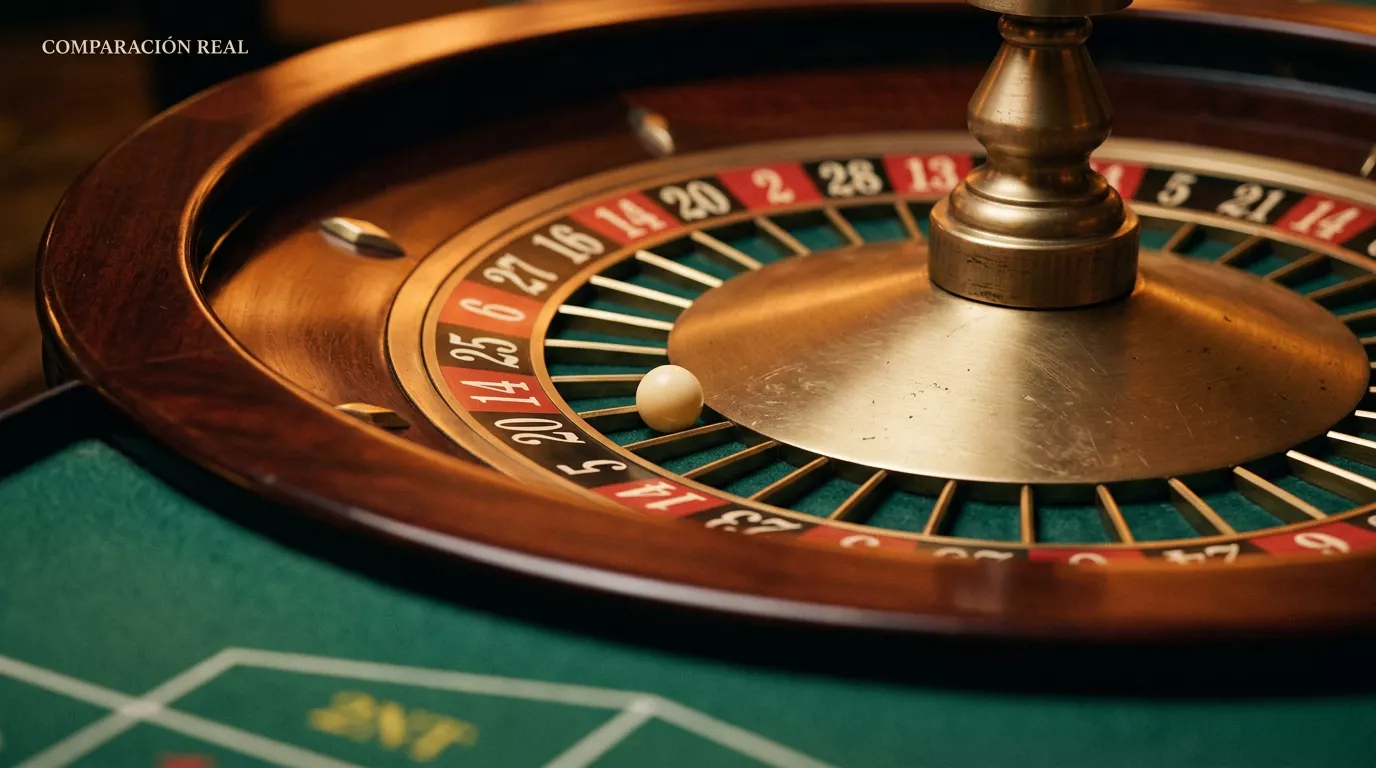 Primer plano de una ruleta de casino real de madera de caoba y bronce con la bola de marfil en movimiento entre los compartimentos numerados, iluminación cálida dramática