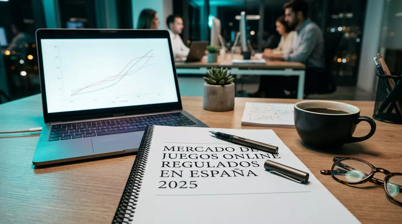 Mesa de trabajo con informe impreso de la DGOJ y panel analitico del mercado de casinos online en España