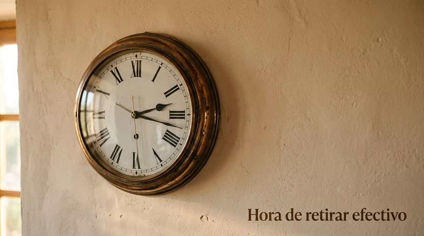 Reloj de pared analógico de bronce sobre una pared clara con luz lateral suave, escena tranquila que evoca el tiempo de espera de una retirada bancaria