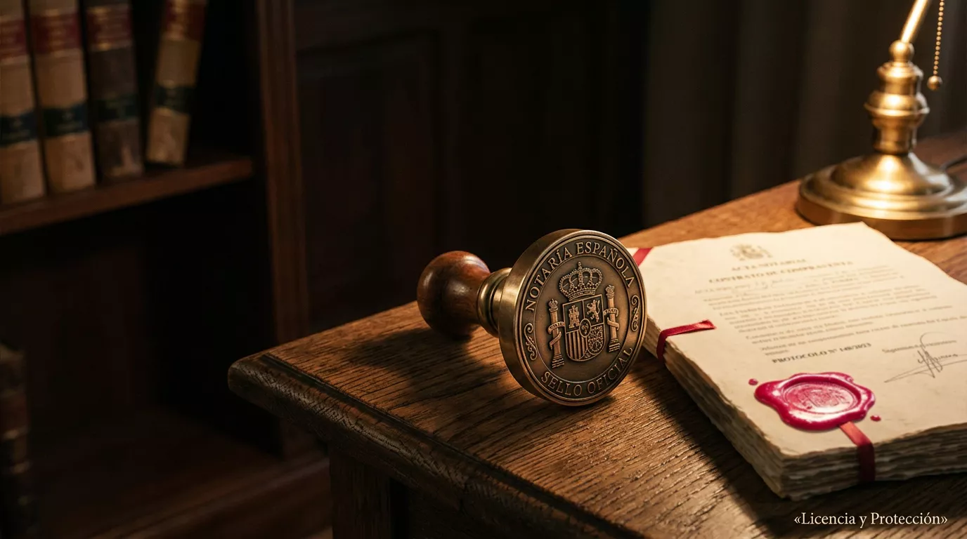 Sello de bronce pulido junto a un documento de papel grueso con lacre rojo recién aplicado sobre una mesa de roble oscuro, luz cálida lateral